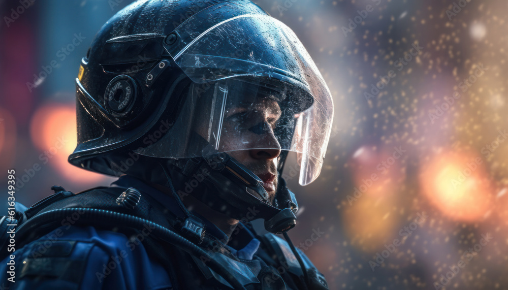 portrait of a policeman in a protective helmet and mask at a demonstration.Generative AI portrait of a policeman in a protective helmet and mask at a demonstration.Generative AI