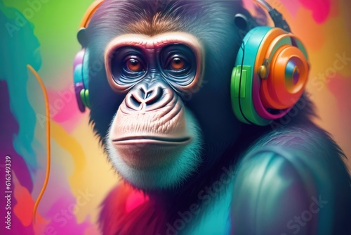 colorfull monkey wear hedphone on colorfull music background, ai generative photo