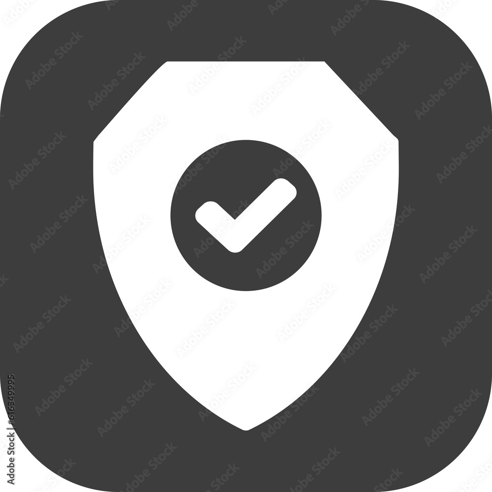 Shield check mark icon in black square. Shield check mark icon in black square.