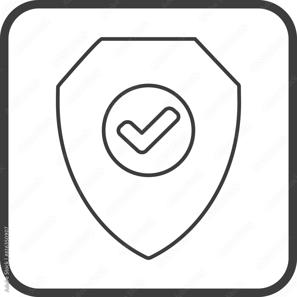 Shield check mark icon in thin line black square frames. Shield check mark icon in thin line black square frames.