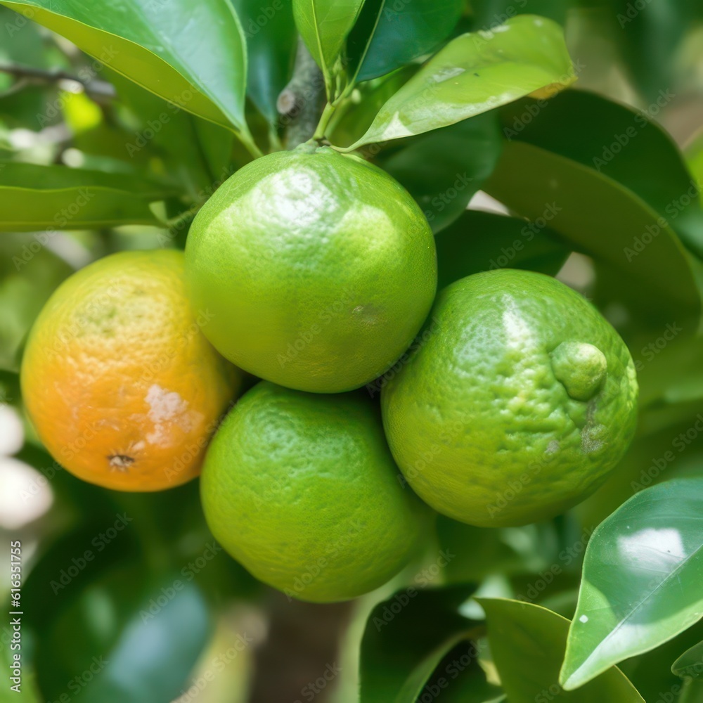 Unripe green mandarins citrus fruits on the tree close up. Generative AI.