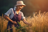 Illustration Portrait of a senior woman in a wheat field at sunset. Ai generative