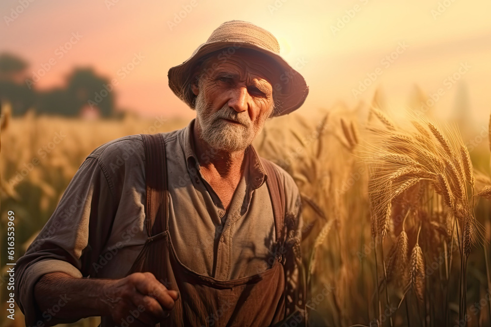 Illustration Portrait of a senior farmer standing in the wheat field at sunset, ai generative
