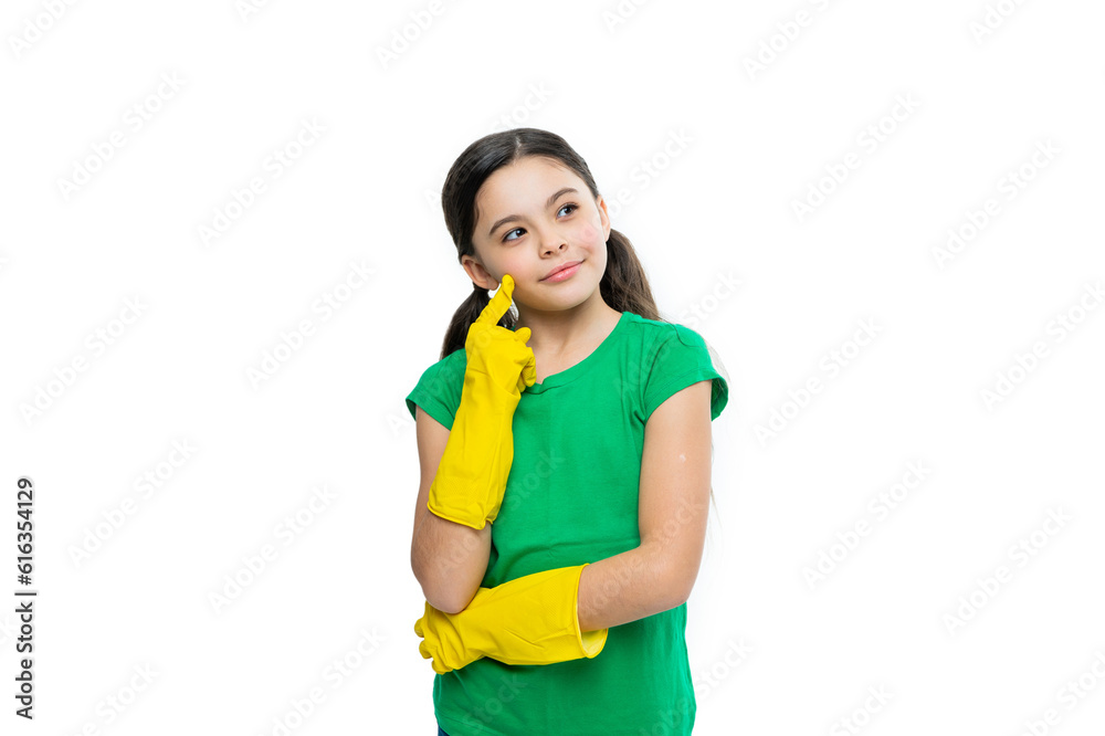 photo of pondering girl cleaner housekeeping. girl cleaner housekeeping isolated on white. photo of pondering girl cleaner housekeeping. girl cleaner housekeeping isolated on white.