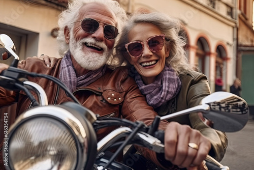 Illustration Cheerful senior couple in sunglasses sitting on vintage motorcycle and smiling at camera, ai generative