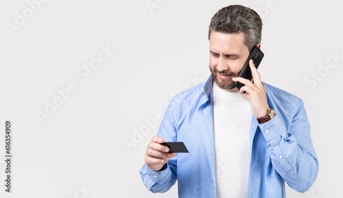 photo of man contact by call card, copy space. man contact by call card