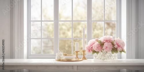 Fototapeta Naklejka Na Ścianę i Meble -  Pink peony flower and window with sun light copy space blurred background, AI Generated