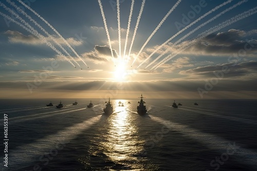 a naval fleet at sea sailing towards the horizon photo