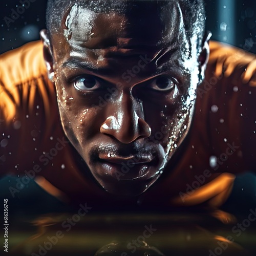 close up of athletic young sportsman looking at camera while working out indoors