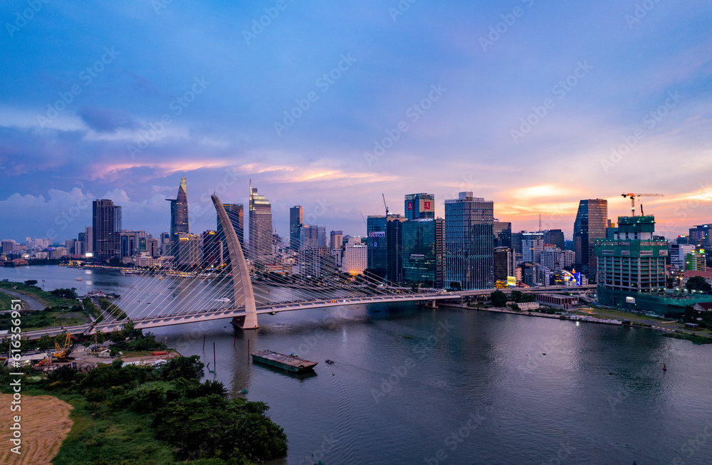 Sunset on Saigon riverside, Ho Chi Minh city Vietnam. Photo taken on June,  2023.