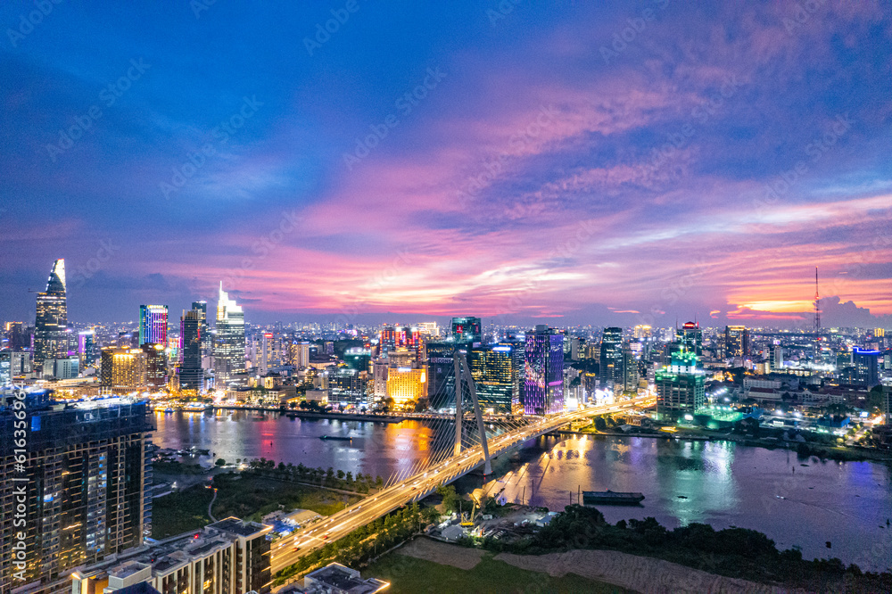Fototapeta premium Sunset on Saigon riverside, Ho Chi Minh city Vietnam. Photo taken on June, 2023.
