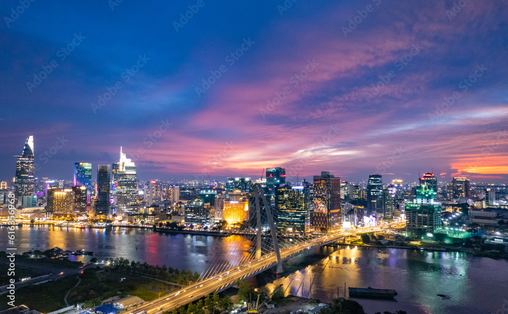 Fototapeta premium Sunset on Saigon riverside, Ho Chi Minh city Vietnam. Photo taken on June, 2023.