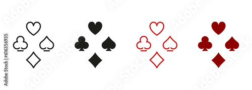 Playing Card, Gambling Spade. Casino Game Pictogram. Poker Play Suit Symbol Collection. Card Suit Line and Silhouette Icon Set. Black Jack Club in Las Vegas Symbol. Isolated Vector Illustration