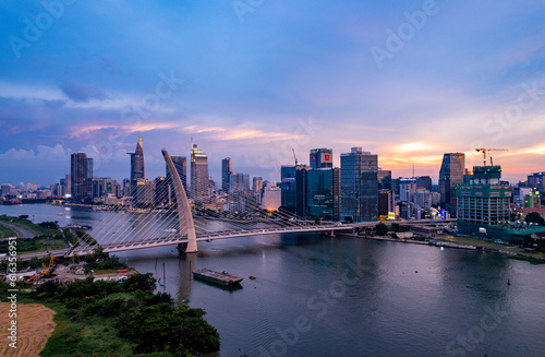 Sunset on Saigon riverside, Ho Chi Minh city Vietnam. Photo taken on June,  2023. © Moon Cactus