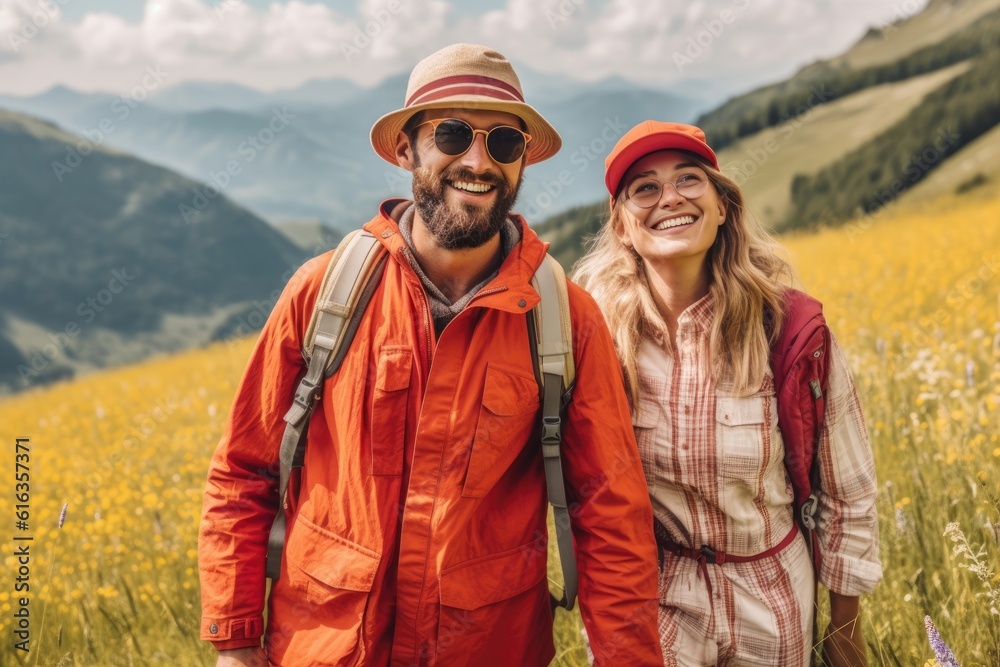 couple with backpacks enjoying hiking. AI Generative