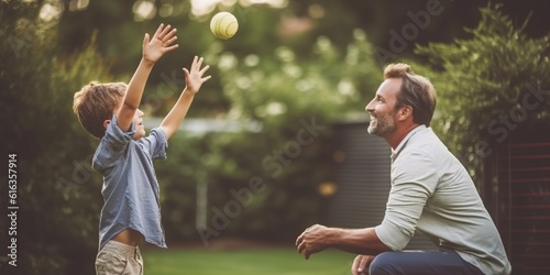 A father and son playing catch in the backyard photo