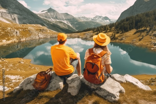 couple with backpacks enjoying hiking. AI Generative
