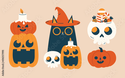 Set of cute Halloween vector illustrations. Stickers, labels with black cat in witch hat, skull with candies, evil pumpkins, candle. Happy Halloween concept. Funny, quirky cliparts with characters.