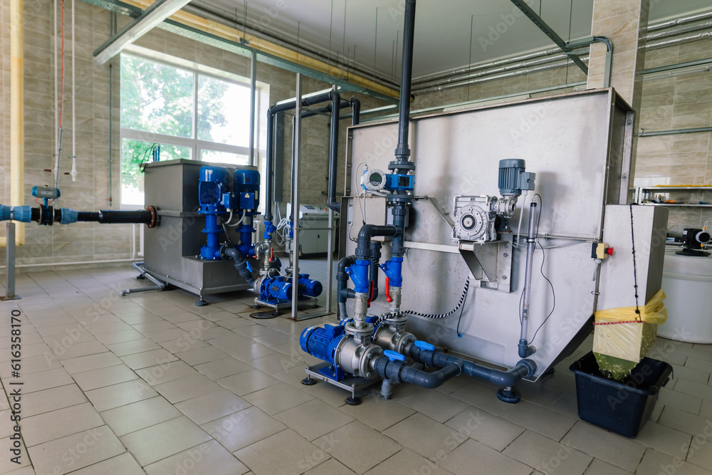 Obraz premium New boiler station, boiler room, engine room. Technical equipment.