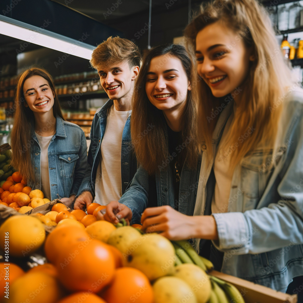 young people smiling in the front of the fruit in the supermarket, Generative AI image