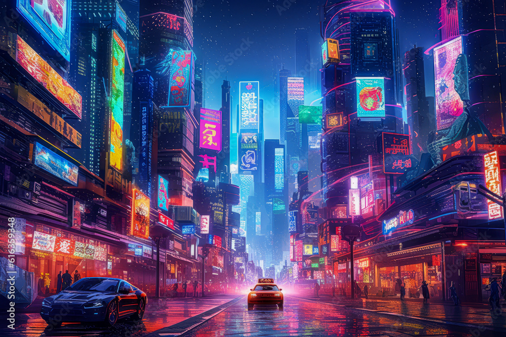 A futuristic cityscape with vibrant, glowing billboards illuminating the skyline, creating a mesmerizing display of lights and colors.