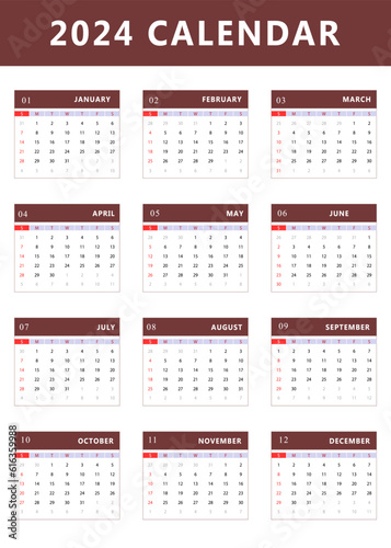 Monthly calendar template of year 2024. Vector design