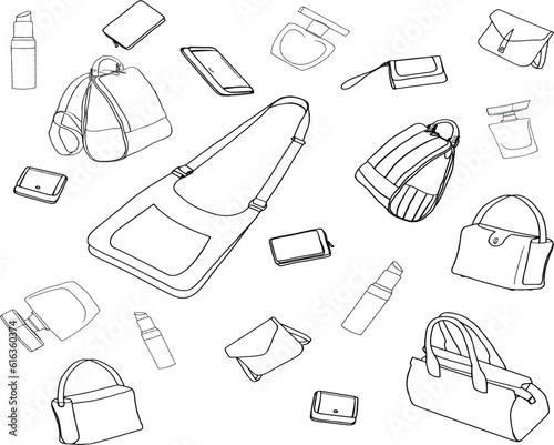 Print with women's handbags and cosmetics on a white background