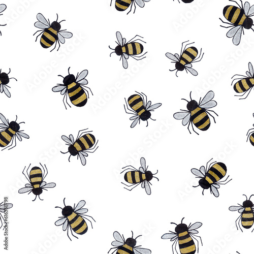 Cute cartoon line art seamless pattern with golden lined hand drawn honey bees with silver wings on white background.Print wrapper,cards,invitations