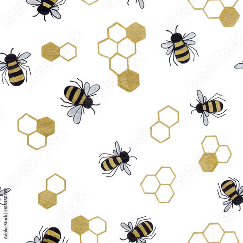 Fototapeta Naklejka Na Ścianę i Meble -  Cute hand drawn line art seamless pattern honey bees with golden hexagons of honeycombs in behives on white background.Print cards,fabric,wrapping paper