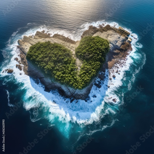 Landscape symbol of romance and love with a heart shaped forest with roks and sea surf seen from the sky © mirexon