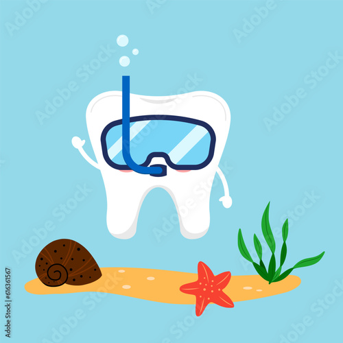 Cute tooth snorkeling with mask under water. Hello summer concept with happy tooth and shells. Flat design cartoon style holiday smiling tooth character vector illustration. 