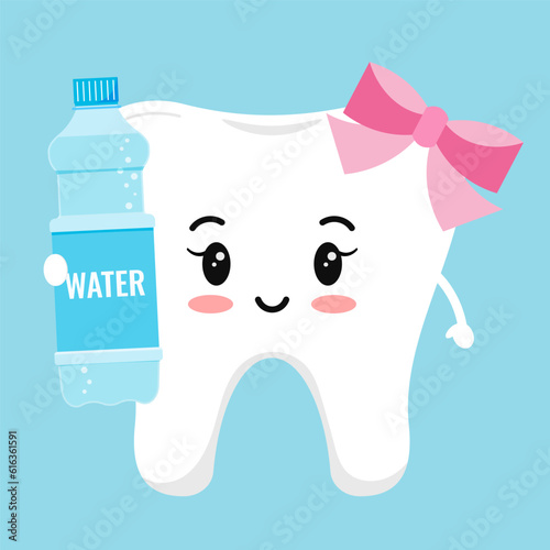 Cute tooth with water bottle. Flat design cartoon smiling kids character with healthy drink vector illustration. Happy white tooth isolated on background. Food for dental teeth health concept.
