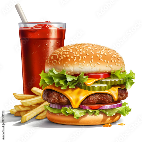 Illustration on white background - hamburger, fries and cola