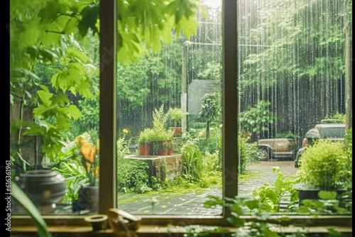 photographic view out of a window into a rainy  garden