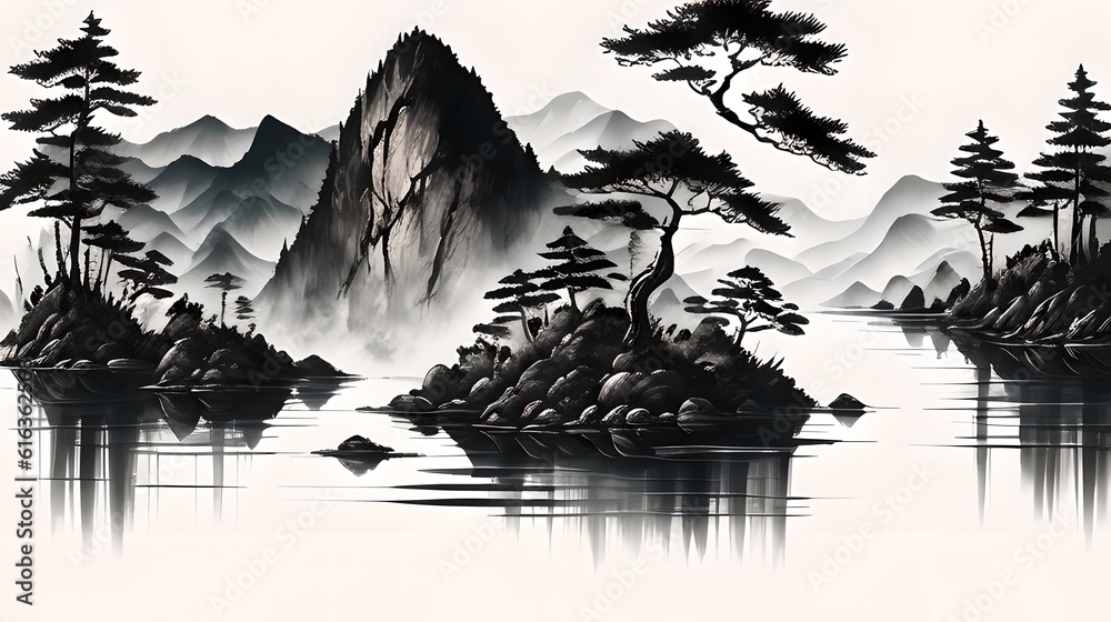 In a Chinese ink painting, a sunlit forest teems with vibrant nature, where trees stand tall, shadows dance, and tranquility whispers through every stroke.