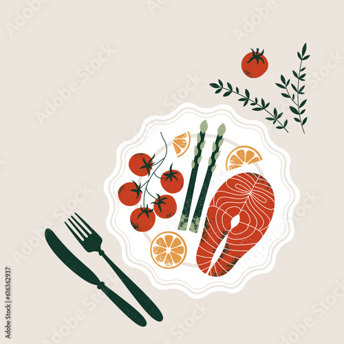 Salmon garnished with asparagus and tomatoes with lemons. Vintage textured illustration. Vector illustration