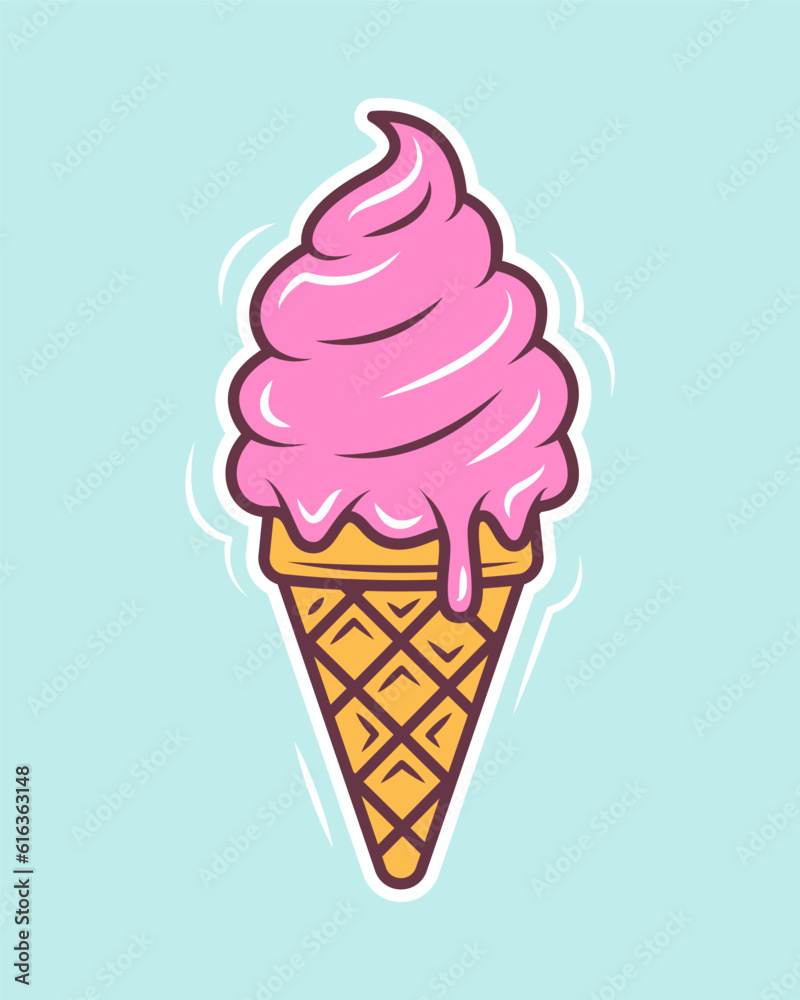 Ice cream cone cartoon style. Vector illustration isolated on a blue background