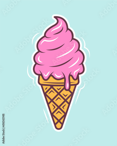 Ice cream cone cartoon style. Vector illustration isolated on a blue background