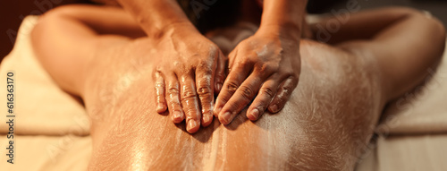 Close up, Masseuse hand applying salt scrub on back customer at cosmetology spa centre. Relaxation man customer get service skincare scrubbing massage with masseuse in spa salon. Selective focus.