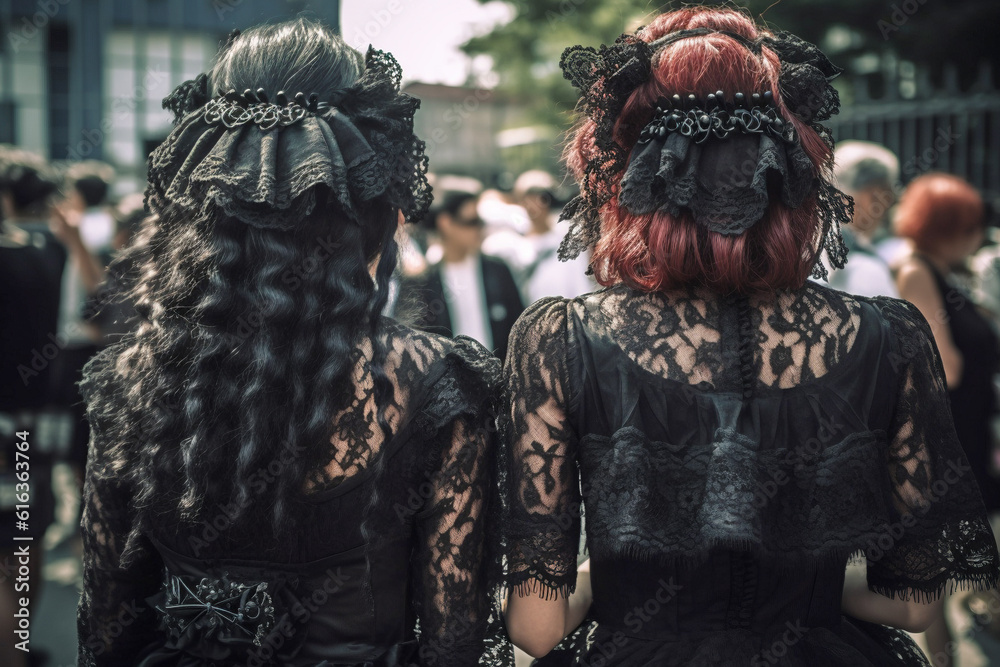 Back view of young women in Gothic Lolita fashion style. 