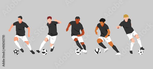 group of soccer athletes dribbling a ball. with different poses, gestures, skin color. sport, activity, diversity concept. suitable for print, poster, sticker. graphic flat vector set