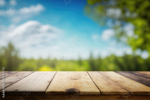 Wooden table for promotional products against the backdrop of a landscape. Showcase on the background of nature. Generative AI