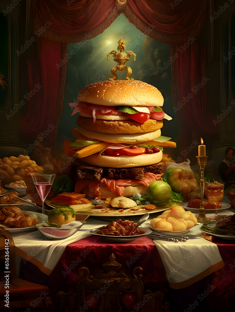 Illustration - a table full of food starring a hamburger.