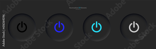 User interface elements for mobile devices in the style of neumorphism, UI, UX. A set of four depressed black round buttons with colored power symbols. Vector illustration.