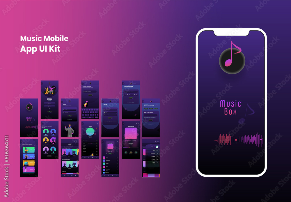 Mobile UI Kit of Music Box with Multiple Screens and Creative Account ...