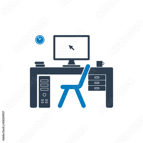 Computer Workstation Icon. With Computer, Desk, Chair, CPU, Clock, Books and Coffee Cup Symbols. Editable Flat Vector Illustration.