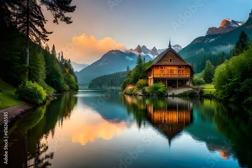 Lake Bled Slovenia. Beautiful mountain lake with small Pilgrimage Church. 