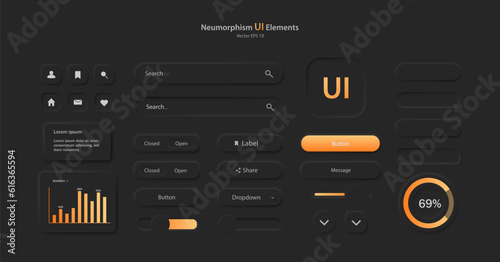 A set of user interface elements for a mobile application. A collection of icons for user interface development in black and orange. Buttons for mobile devices in the style of neumorphism, UI, UX.