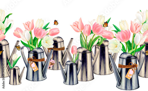 Watercolour drawn seamless border from metal watering cans with beautiful white and pink tulip flower bouquets and butterlies on white background. Perfect for sticker, logo, napkin, textile printing photo