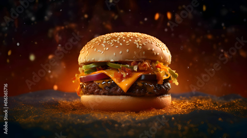Tasty hamburger exposed on a fiery backdrop. photo